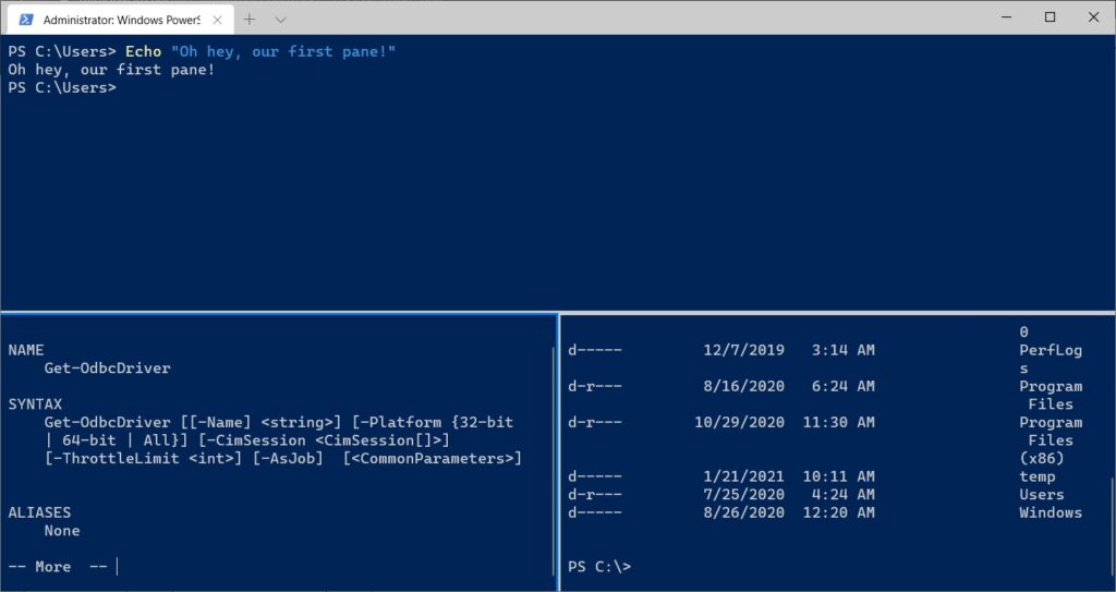 Screenshot of a Windows Terminal window, divided into three PowerShell panes. Each pane displays different text.