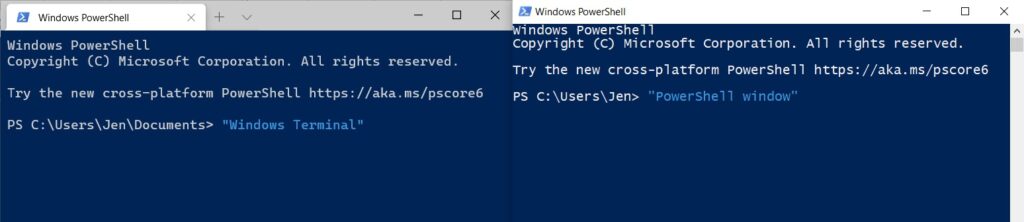 Side-by-side images of a Windows Terminal and a PowerShell window. They look nearly identical.